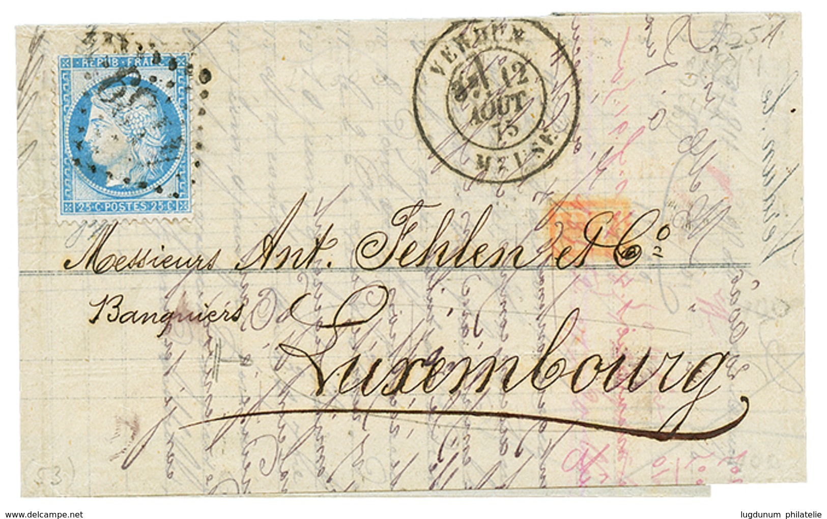 "25c Pour Le LUXEMBOURG" : 1875 25c(n°60) Sur Lettre De VERDUN Pour LUXEMBOURG Avec Arrivée Au Verso. TTB. - 1849-1876: Periodo Classico