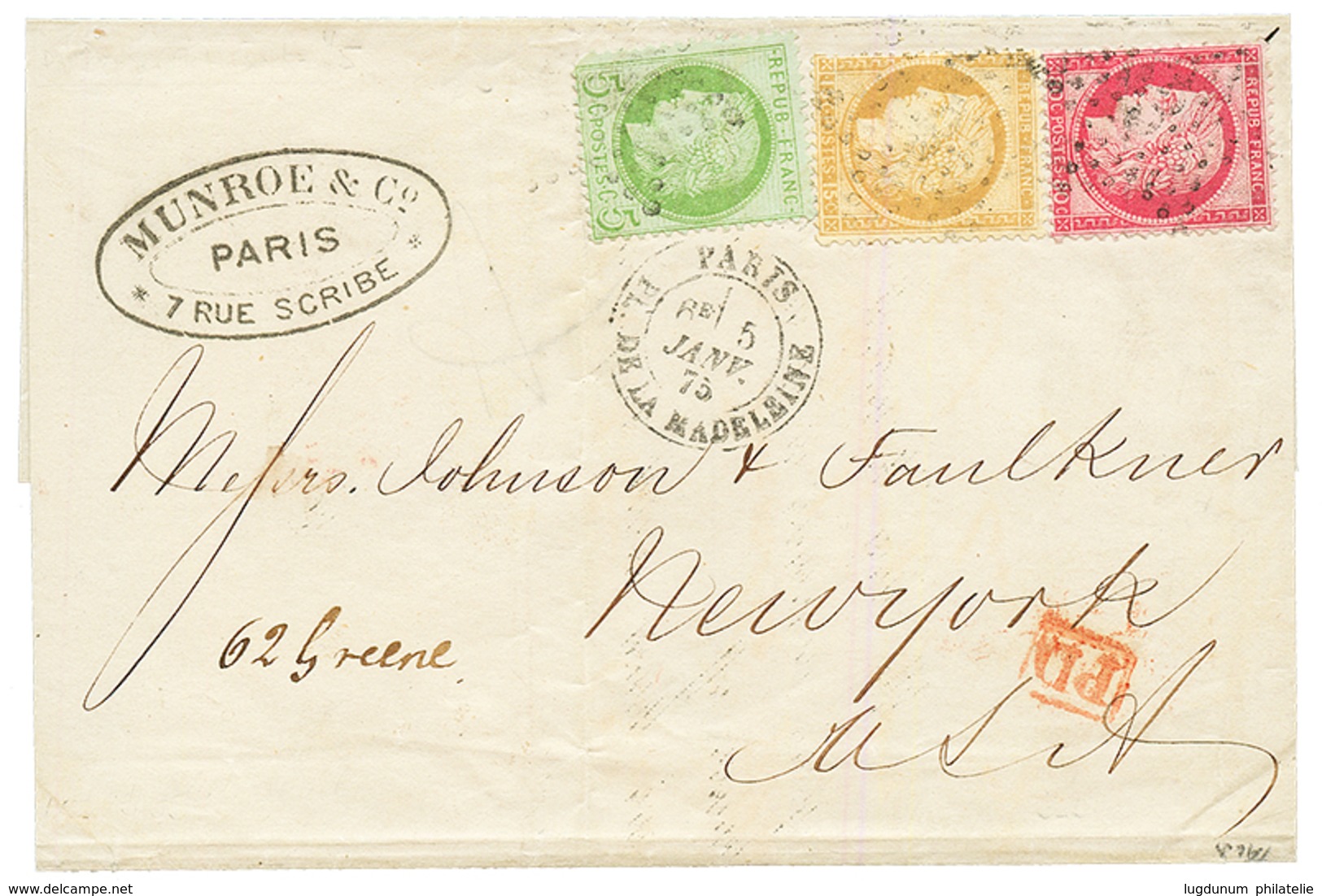 1875 CERES 5c + 15c + 80c Sur Lettre De PARIS Pour NEW YORK (USA). Superbe Tricolore. - 1849-1876: Periodo Clásico