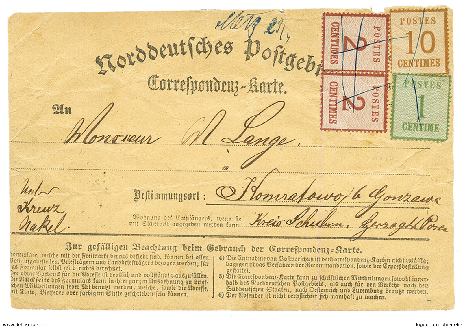 ALSACE-LORRAINE : 1871 1c+ 2c(x2) + 10c Obl. PLUME + "METZ 23/4" Manuscrit Sur CARTE (pd) Pour L' ALLEMAGNE. Combinaison - Otros & Sin Clasificación