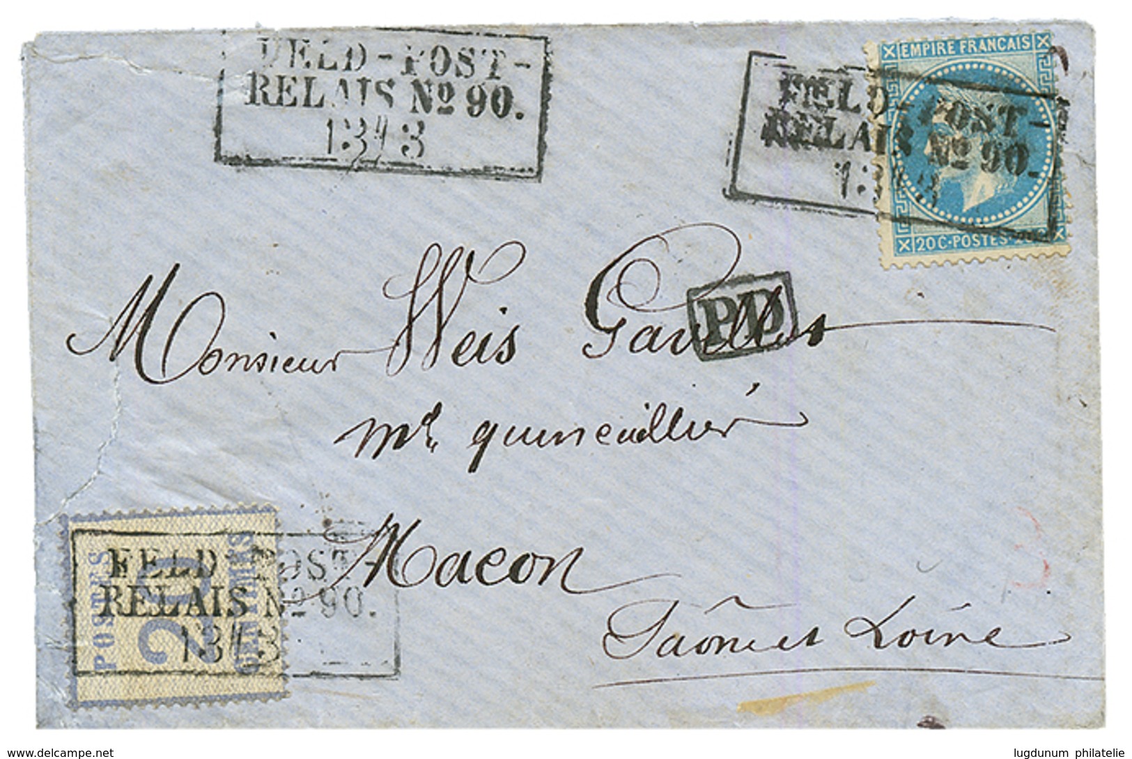 FRANCE 20c(n°29) + ALSACE 20c Obl. Cachet Allemand Encadré FELD POST/ RELAIS N°90 Sur Enveloppe Pour MACON. Double Affrt - Autres & Non Classés