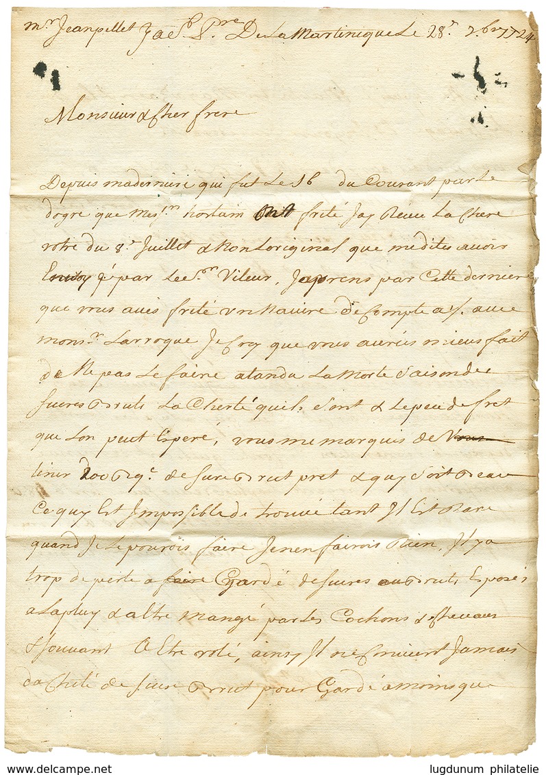 1725 DE LA ROCHELLE + "MARTINIQUE" Manuscrit Sur Lettre Avec Texte Daté "MARTINIQUE" Pour BORDEAUX. Verso, Achemineur "P - Correo Marítimo