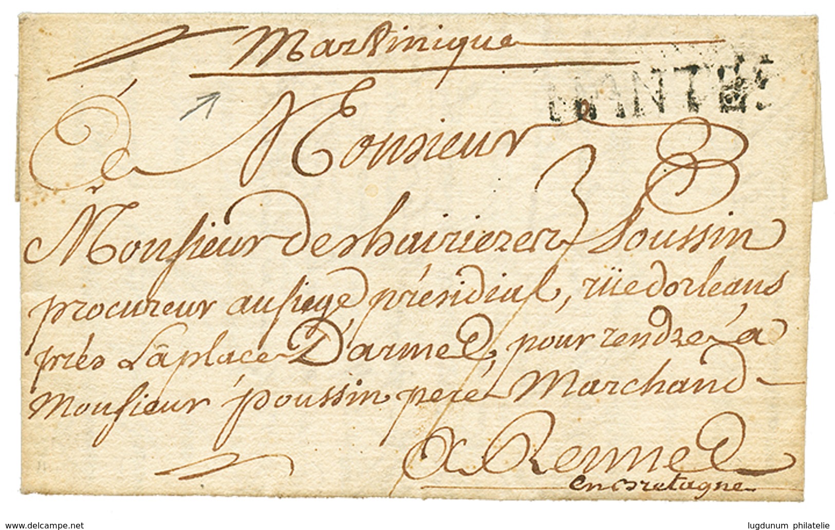 1753 NANTES + "MARTINIQUE" Manuscrit (rare) Sur Lettre Avec Texte De ST PIERRE MARTINIQUE Pour RENNES. Entrée Rare. TB. - Correo Marítimo