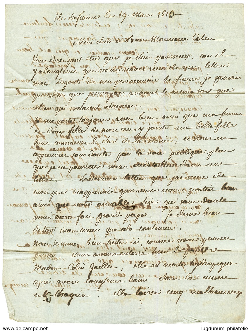 ILE DE FRANCE (ILE MAURICE) : 1810 28 QUIMPERLE Sur Lettre Avec Texte Daté "ISLE DE FRANCE" Pour PARIS. Entrée Rare Par  - Correo Marítimo
