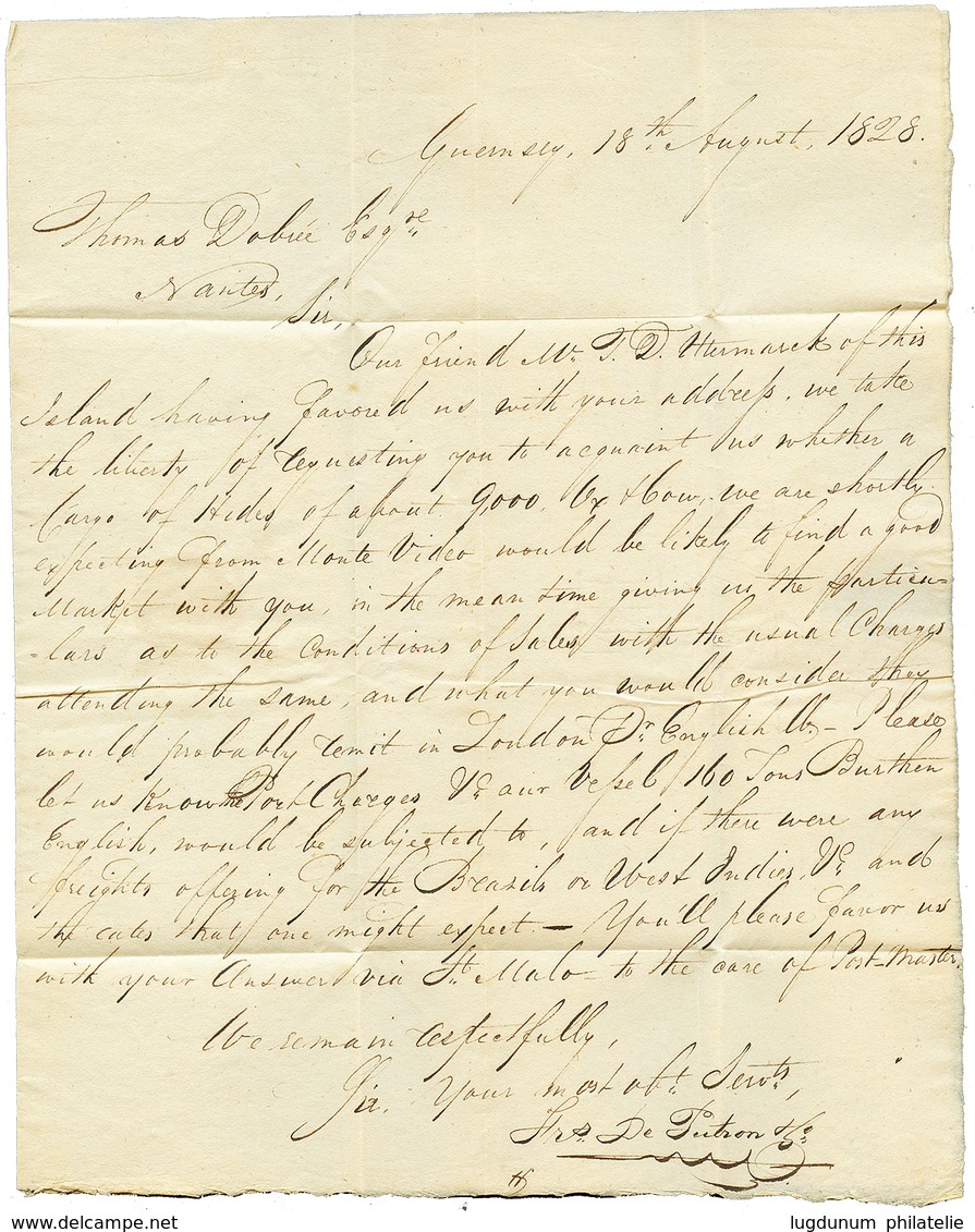 1828 P.34.P ST MALO + GRANDE BRETAGNE PAR ST MALO + "PORT-PAYE" Sur Lettre Avec Texte De GUERNESEY Pour NANTES. Associat - Correo Marítimo