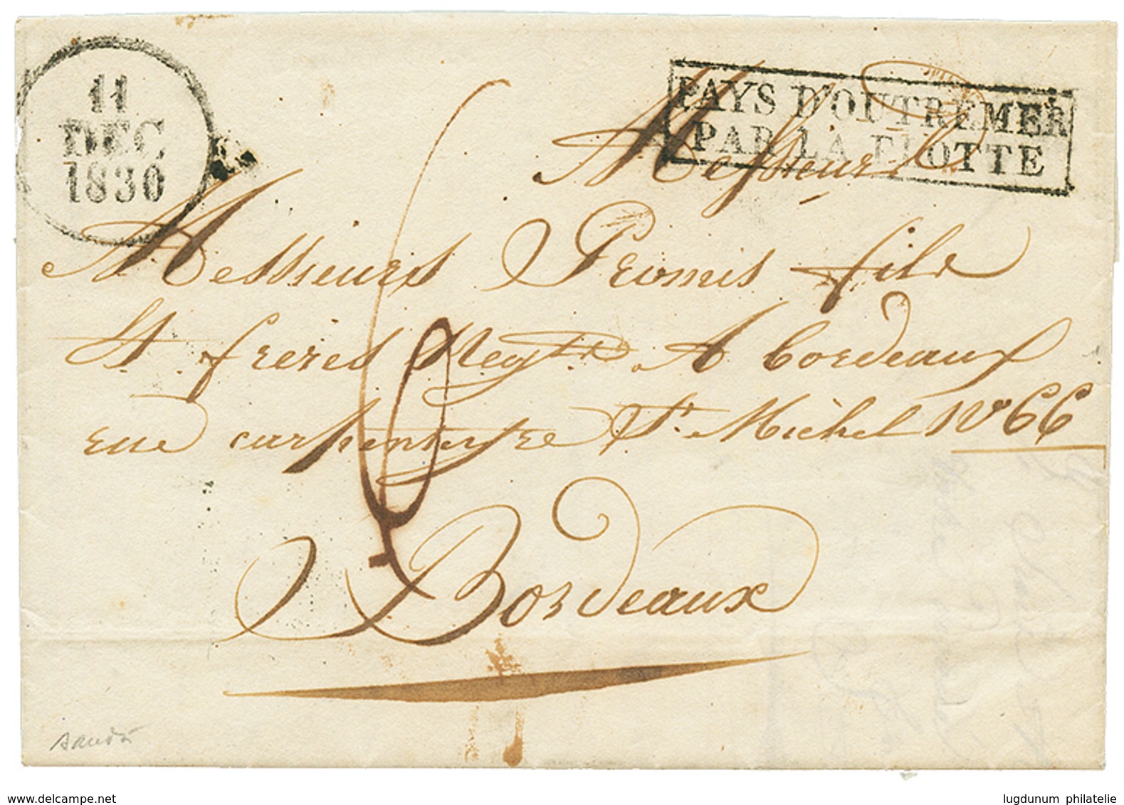 1830 Cachet Rare PAYS D'OUTREMER/PAR LA FLOTTE Sur Lettre Avec Texte De POINTE A PITRE. GRANDE RARETE. Indice 29. TTB. - Correo Marítimo