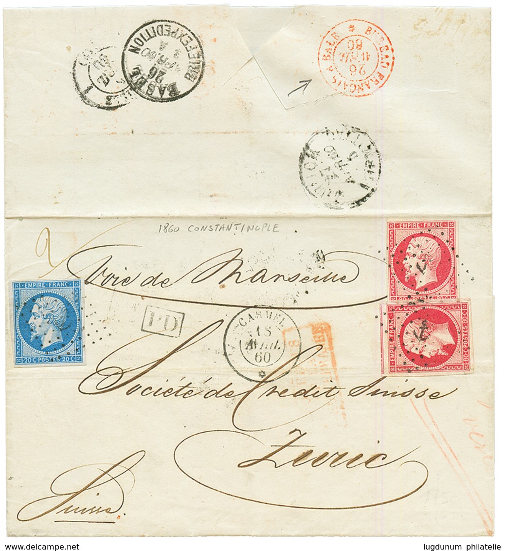 "Paquebot CARMEL Via BUREAU FRANCAIS A BALE" : 1860 20c(n°14) + 80c(n°17)x2 Obl. ANCRE + Paquebot CARMEL 18 Avril 60 + " - Correo Marítimo