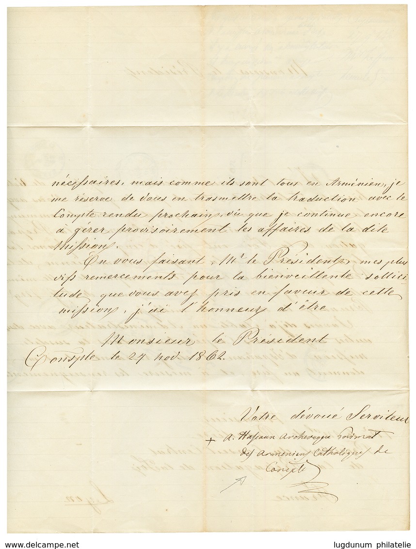 1862 Paquebot INDUS 27 Nov 62 + CONSTANTINOPLE TURQUIE (mal Venu) + Taxe 10 Sur Lettre Avec Texte De L' ARCHEVEQUE ARMEN - Correo Marítimo