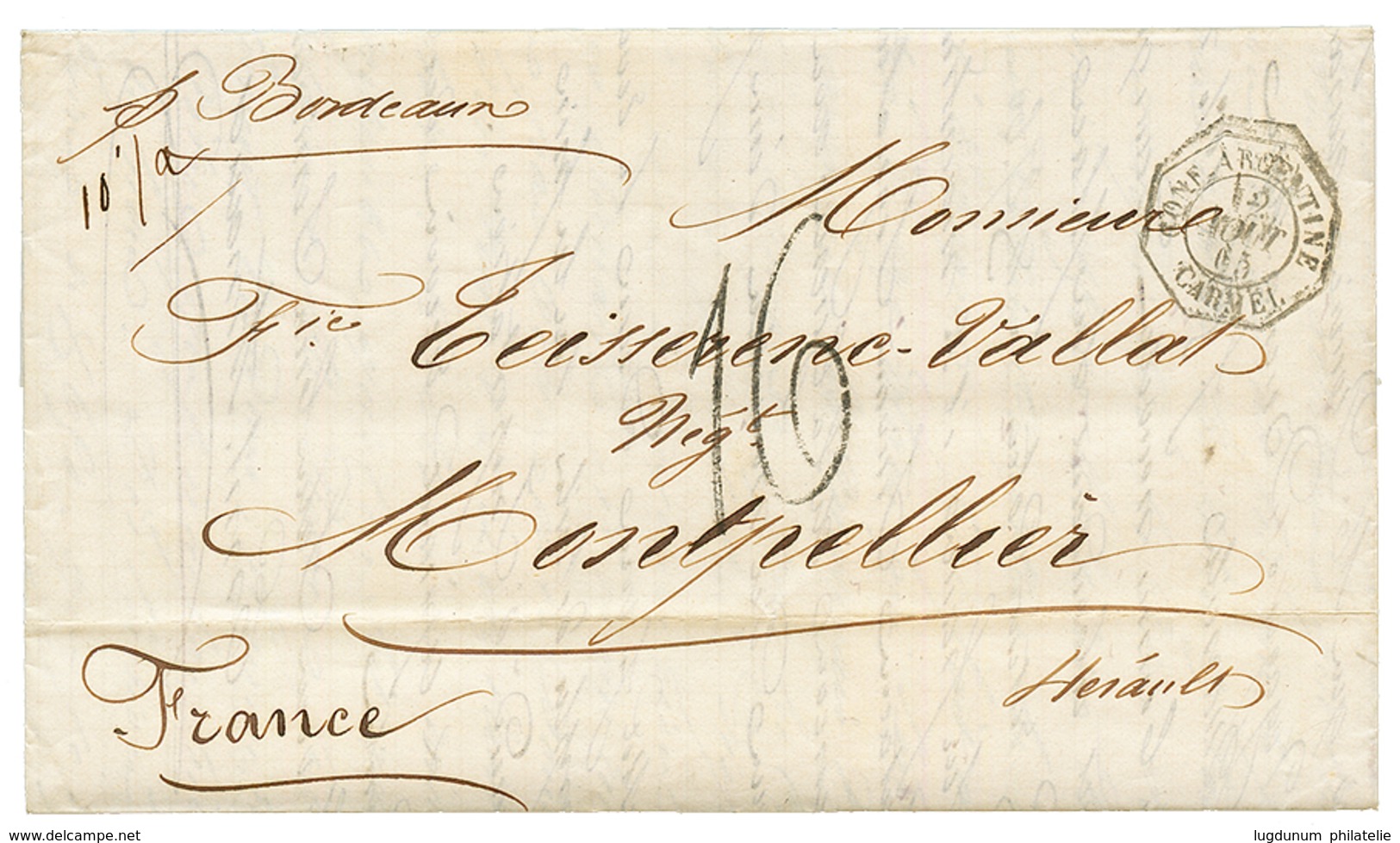 1865 CONF. ARGENTINE CARMEL + Taxe 16 (Double Port) Sur Lettre De BUENOS-AYRES Pour La FRANCE. TTB. - Correo Marítimo