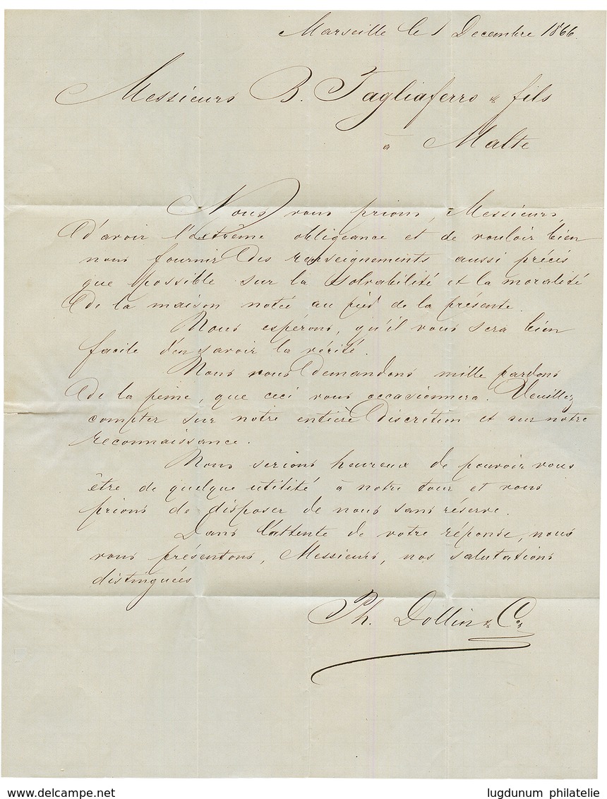 MALTA : 1866 FRANCE 40c Obl. Killer Anglais A25 Sur Lettre Avec Texte De MARSEILLE Pour MALTE. RARE. TB. - Correo Marítimo