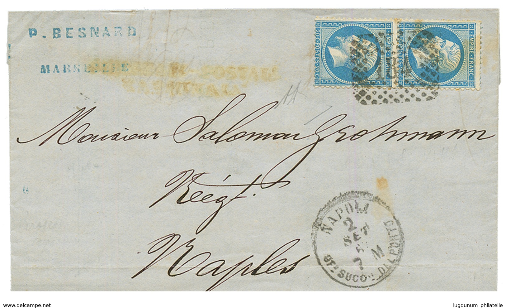 1867 20c Obl.Cachet Italien 184 + NAPOLI Sur Lettre Pour NAPLES. Signé DIENA. Superbe. - Poste Maritime