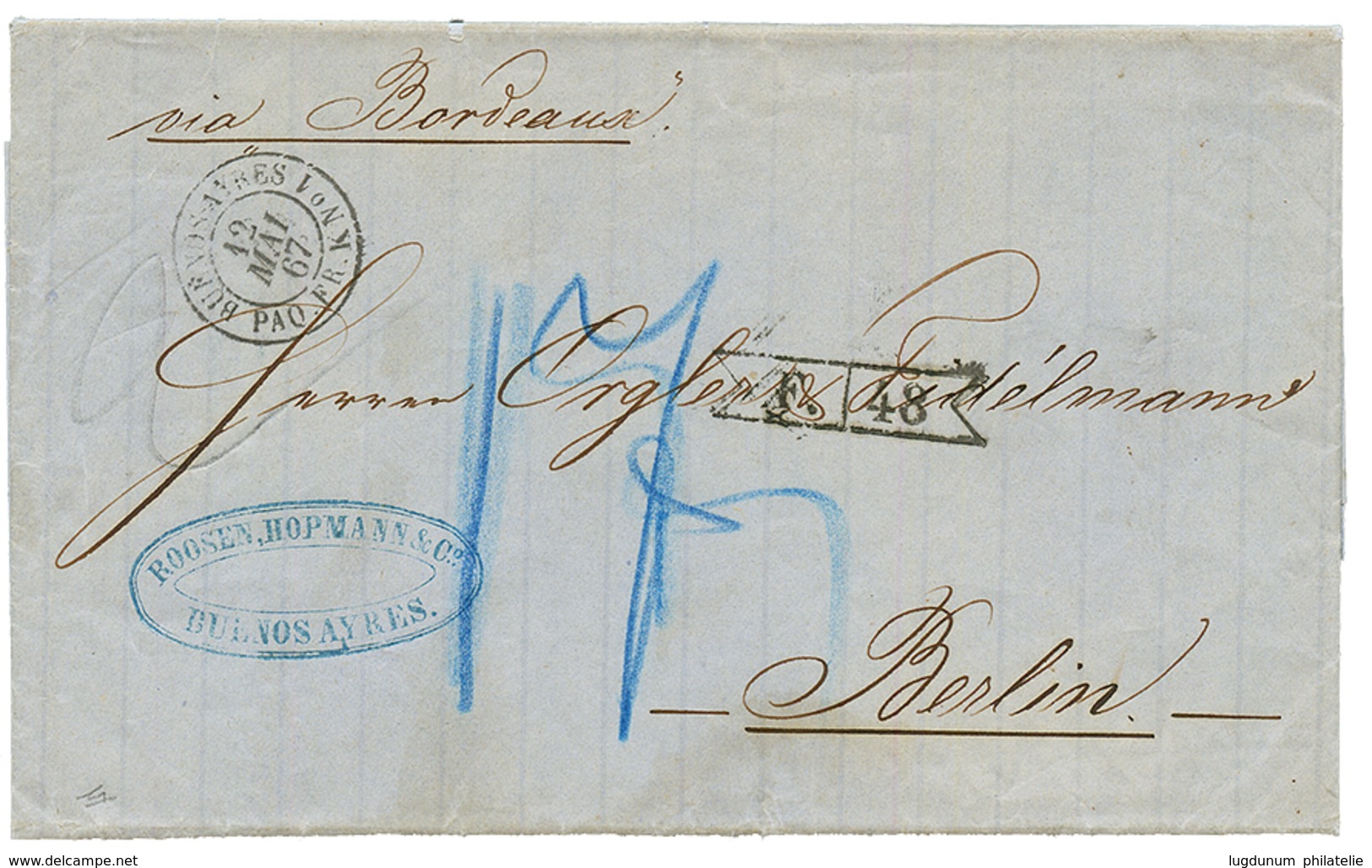 1867 BUENOS-AYRES PAQ FR. K N°1 + Rare Marque D' Echange F./48 Sur Lettre Avec Texte Pour BERLIN. Superbe. - Correo Marítimo