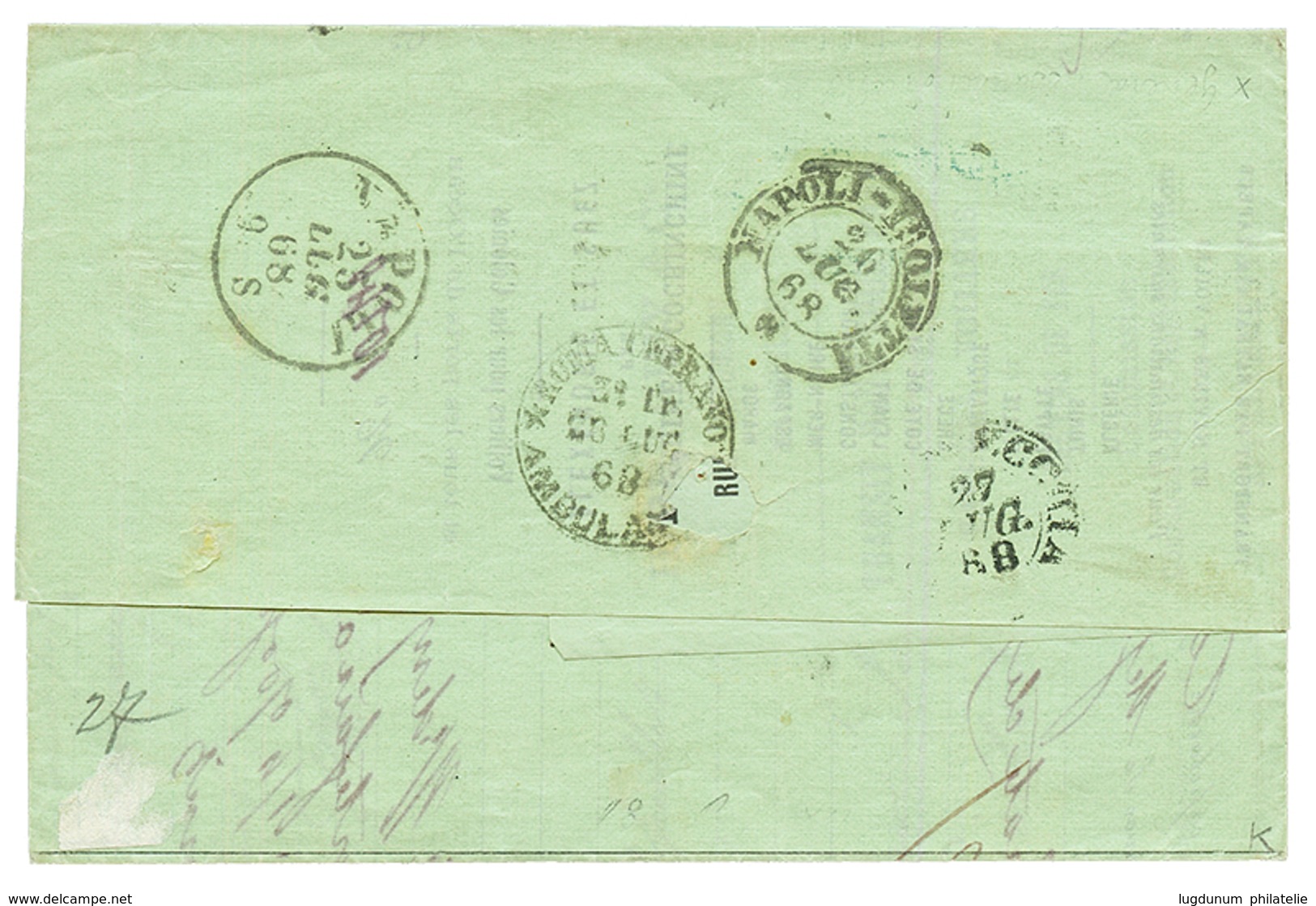 1868 10c + 40c Obl.Cachet Italien 184 + NAPOLI + PIROSCAFI-MERCEANTILI/ ESTERO Sur Lettre Pour CIVITA-VECCHIA. RARE. Sup - Correo Marítimo