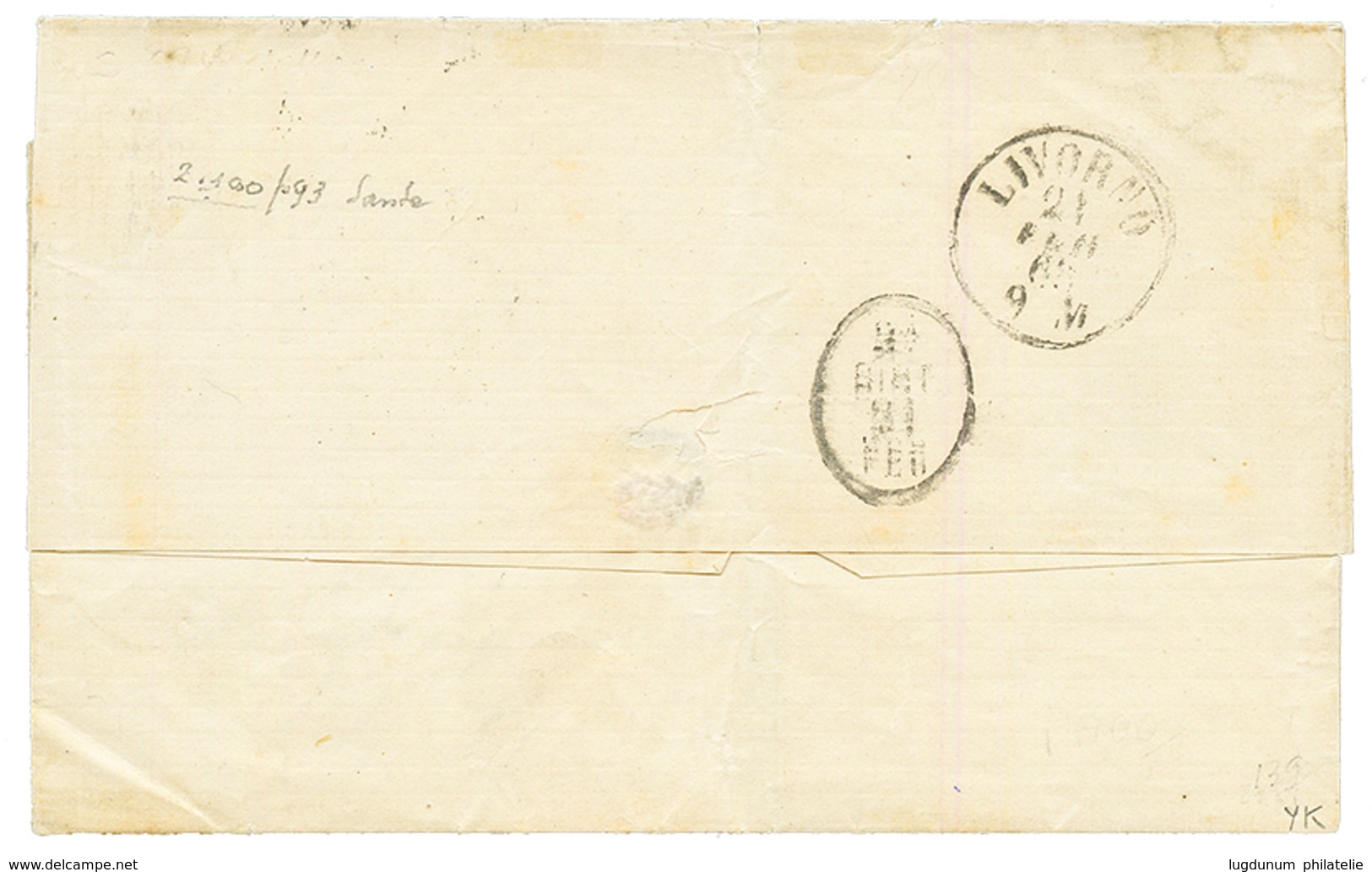 1868 20c(x2) Obl. BARRES De LIVOURNE Sur Lettre De MARSEILLE Pour LIVORNO. RARE. Superbe. - Correo Marítimo