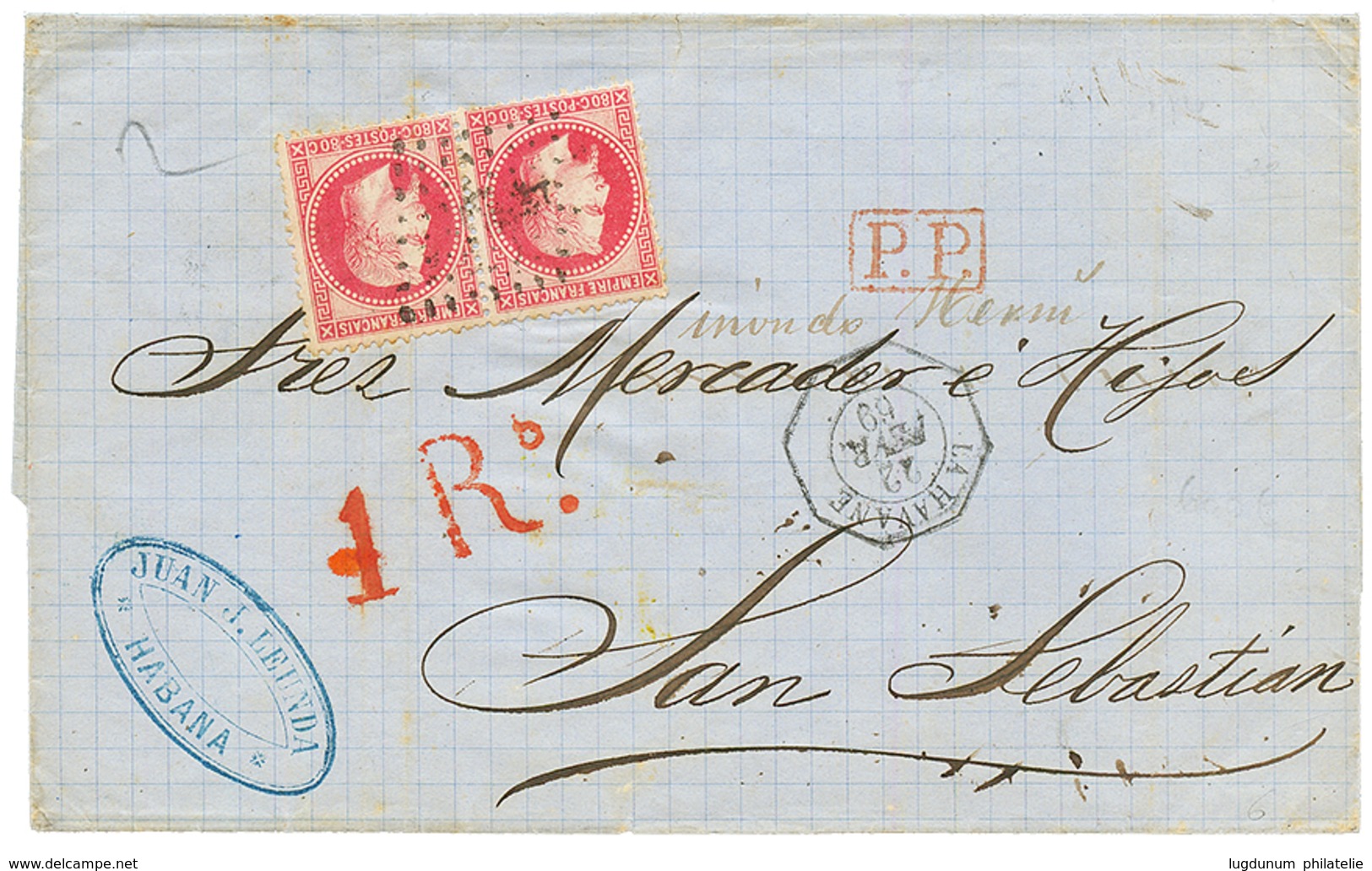 CUBA : 1868 80c (n°32)x2 Obl. ANCRE + LA HAVANE Sur Lettre En DOUBLE PORT Pour L' ESPAGNE. TTB. - Correo Marítimo
