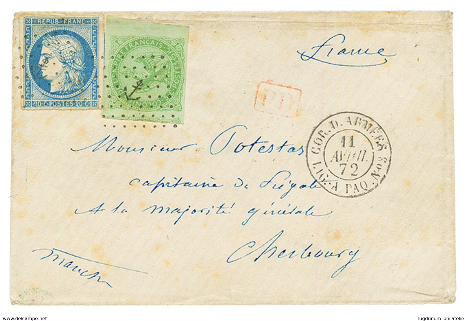 1872 COLONIES GENERALES 5c AIGLE Avec Marges Exceptionnelles + 20c CERES TB Margé Obl. ANCRE + CORR. D' ARMEES LIG. A PA - Correo Marítimo