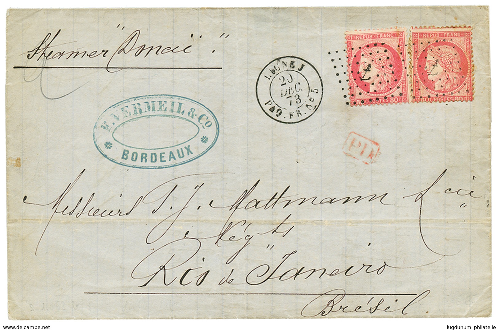 1873 80c CERES (x2) Obl. ANCRE + LIGNE J PAQ FR N°5 Sur Lettre De BORDEAUX Pour Le BRESIL. Superbe. - Correo Marítimo
