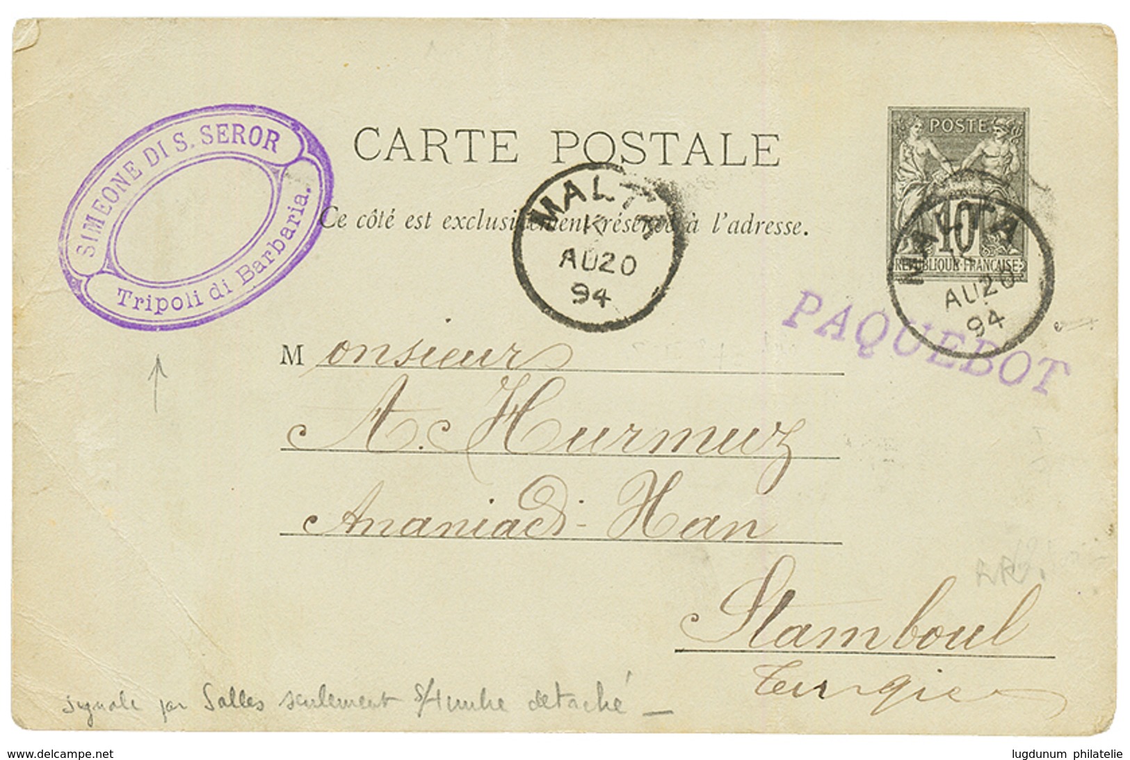 1894 Entier 10c SAGE Daté "TRIPOLI DE BARBARIE" Obl. MALTA + PAQUEBOT Pour CONSTANTINOPLE. RARE. Superbe. - Correo Marítimo