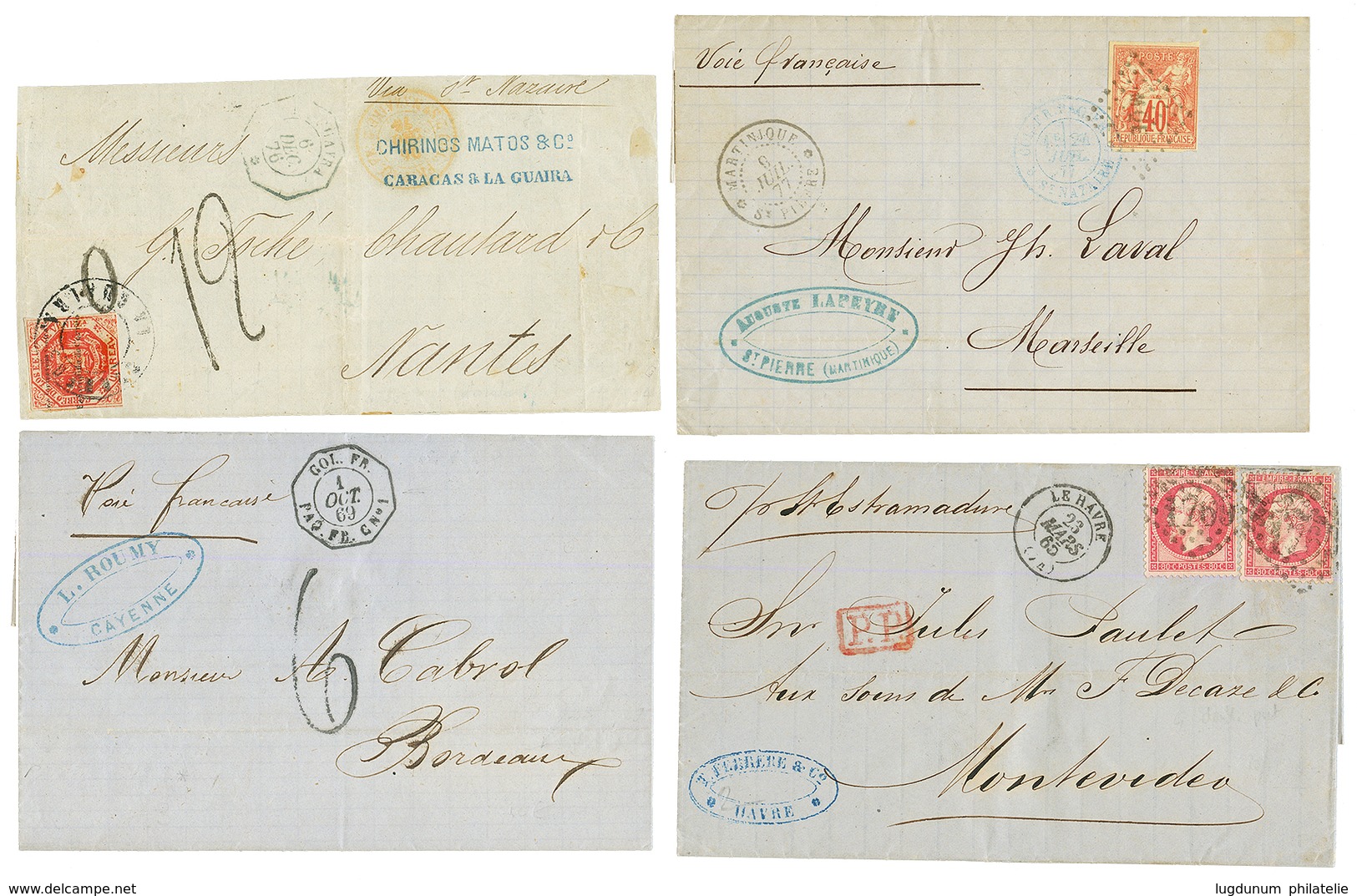 3 Lettres : N°24x2 Pour MONTEVIDEO, CG 40c Obl. MQE, GUYANE + 1 DEVANT (VENEZUELA 1d + Taxe 12). TB. - Correo Marítimo