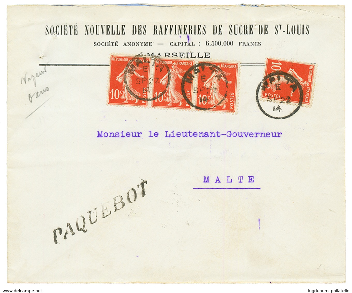 1914 10c SEMEUSE (x4) Obl. MALTA + PAQUEBOT Sur Env. De MARSEILLE Pour MALTE. RARE. TTB. - Correo Marítimo