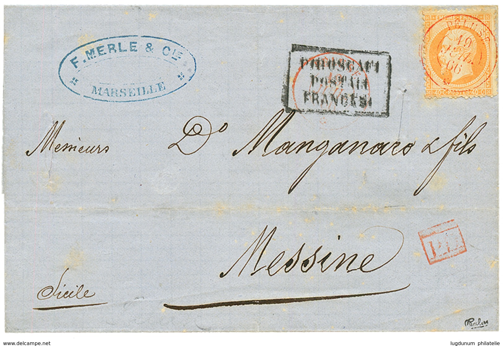 "PELUSE En ROUGE" : 1866 40c(n°23) Obl. Cachet Du Paquebot PELUSE 19 JUIL 66 En Rouge Sur Lettre De MARSEILLE Pour MESSI - Correo Marítimo