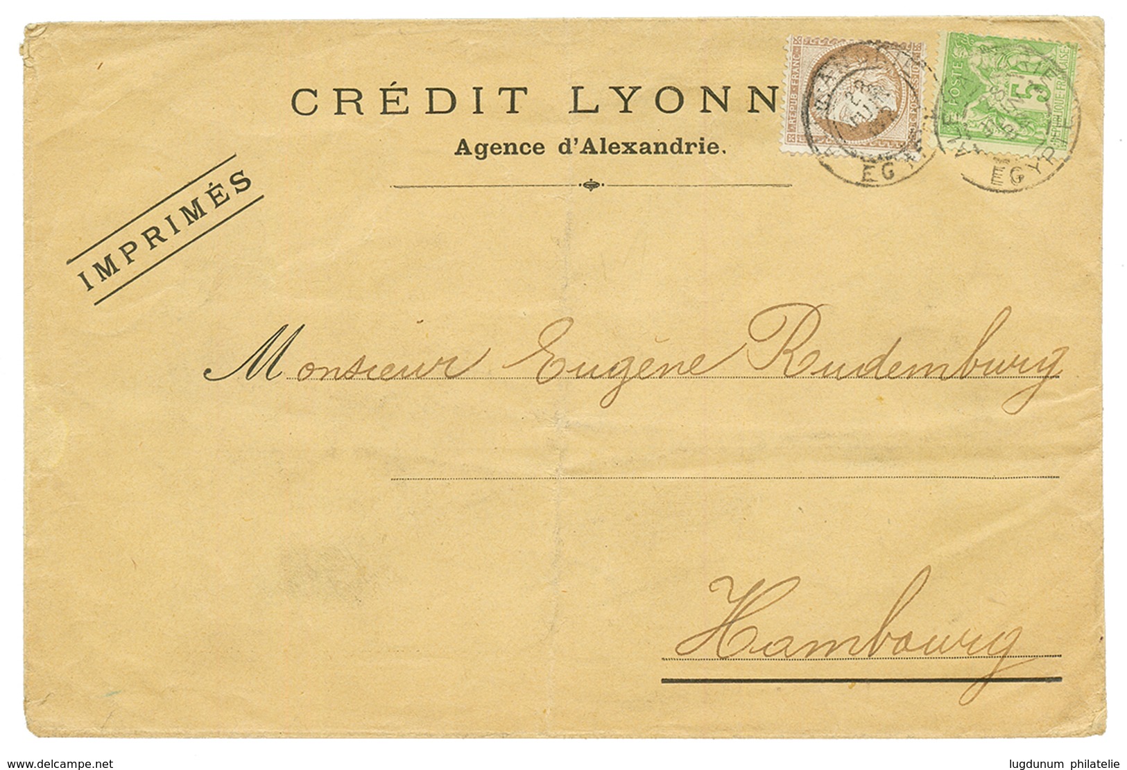 1892 Mixte 15c CERES + 5c SAGE Obl. ALEXANDRIE EGYPTE Sur Env. Commerciale (CREDIT LYONNAIS) Au Tarif IMPRIME Pour HAMBU - Other & Unclassified