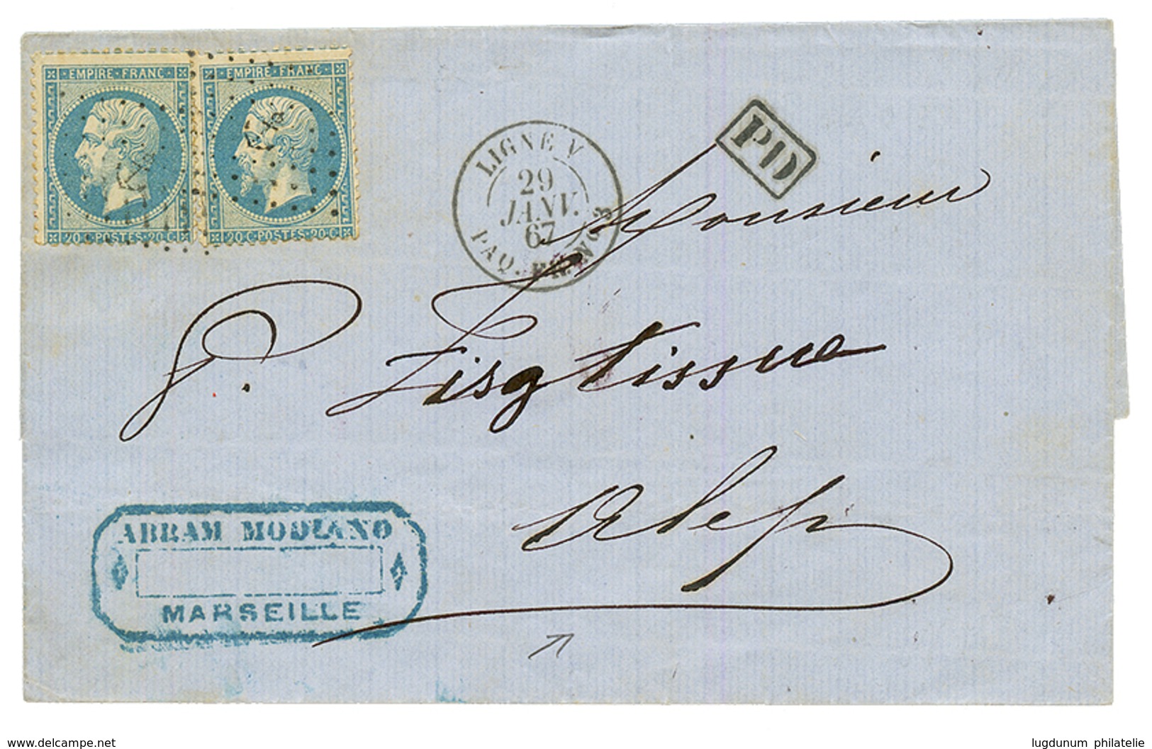 "LIGNE V Pour La SYRIE" : 1867 20c(n°22)x2 Obl. ANCRE + LIGNE V PAQ FR N°3 Sur Lettre De MARSEILLE Pour ALEP (SYRIE). Su - Other & Unclassified