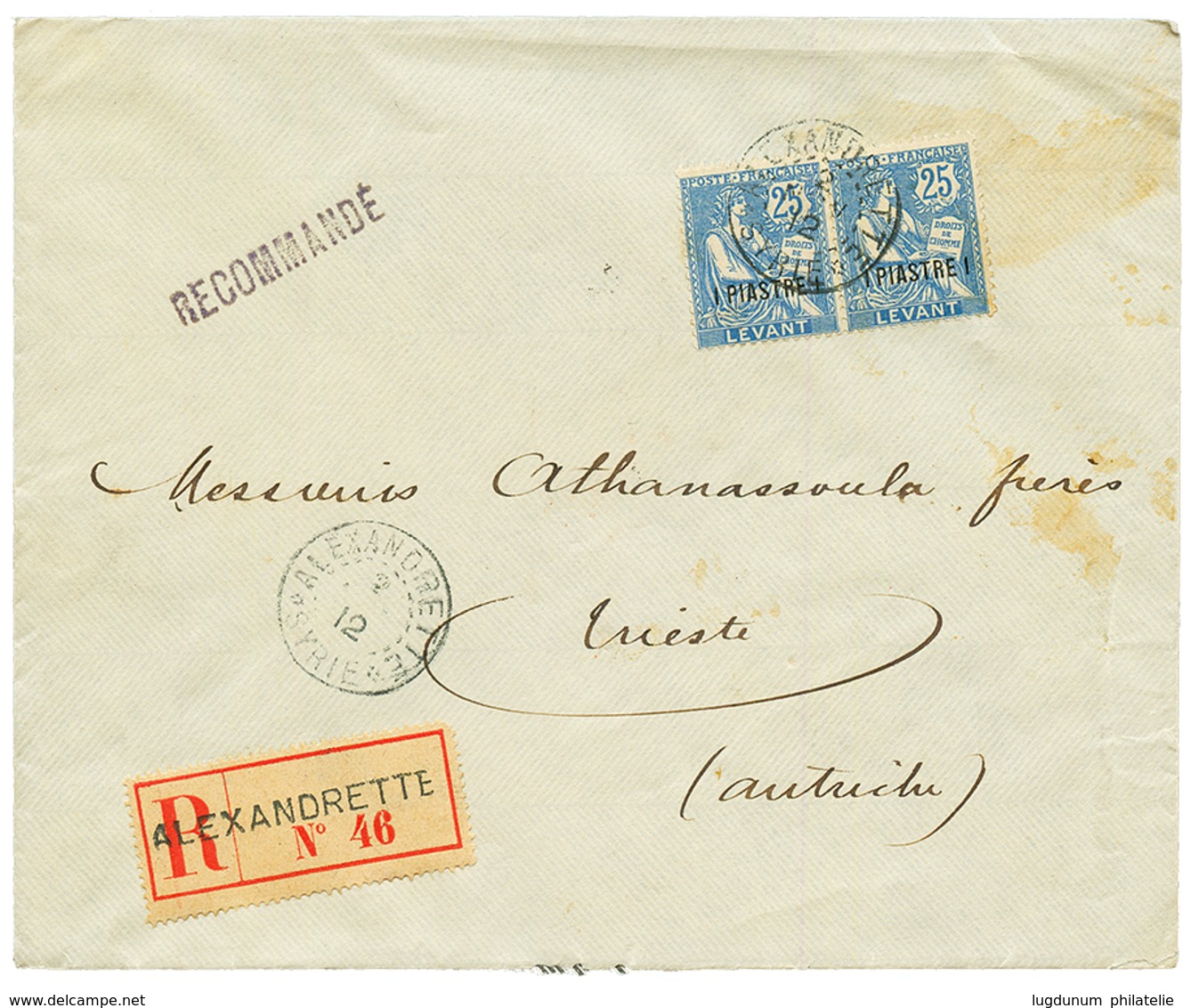 1912 1p S/ 25c(x2) Obl. ALEXANDRETTE SYRIE Sur Enveloppe RECOMMANDEE Pour TRIESTE. Superbe. - Other & Unclassified