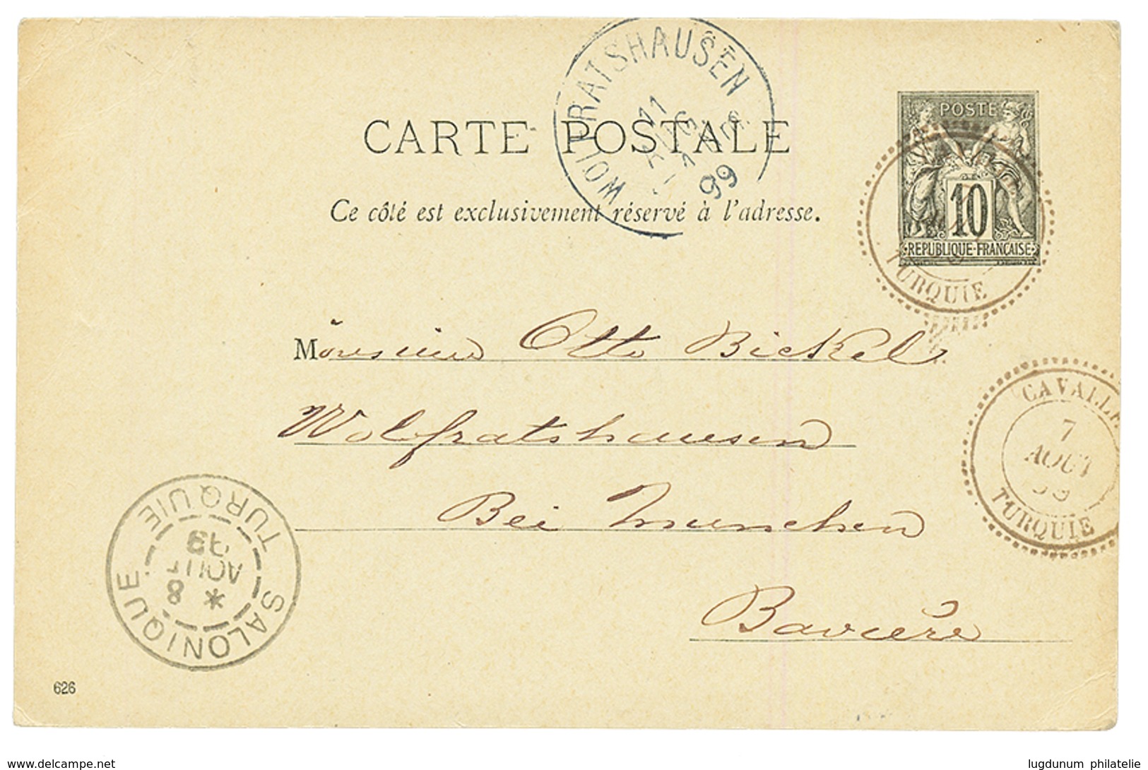 "CAVALLE" : 1899 Entier 10c SAGE Obl. CAVALLE TURQUIE Via SALONIQUE Pour La BAVIERE. Cachet RARE Sur ENTIER De FRANCE .  - Other & Unclassified