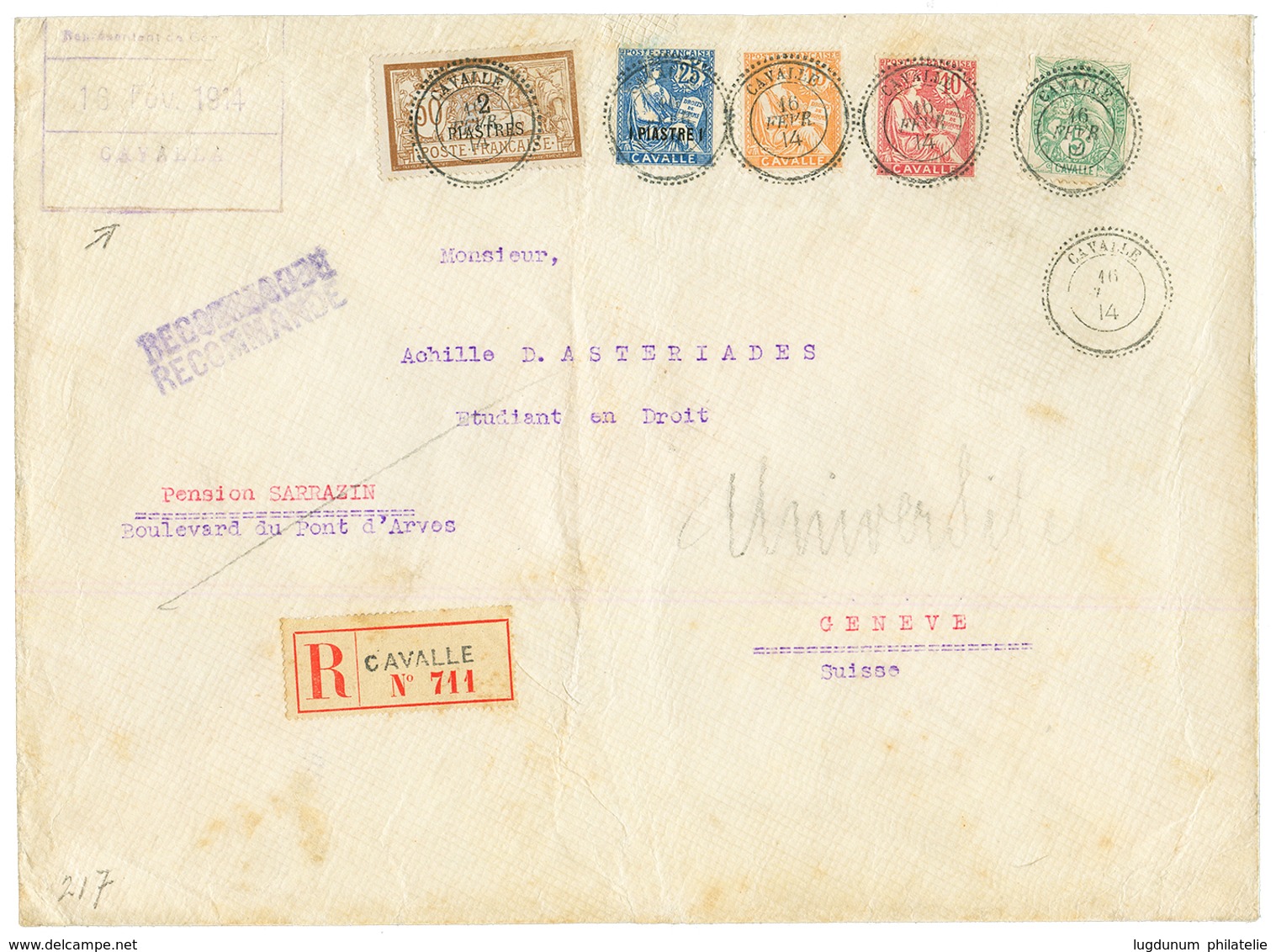 CAVALLE : 1914 5c + 10c+ 15c + 1P S/ 25c + 2P S/ 50c Obl. Cachet évidé CAVALLE Sur Enveloppe RECOMMANDEE Pour GENEVE (SU - Other & Unclassified