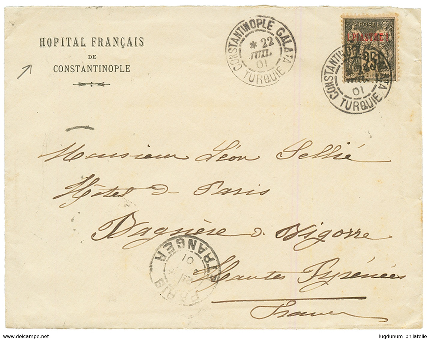 CONSTANTINOPLE - HOPITAL FRANCAIS : 1901 1P S/ 25c Obl. CONSTANTINOPLE GALATA TURQUIE Sur Env. "HOPITAL FRANCAIS DE CONS - Other & Unclassified