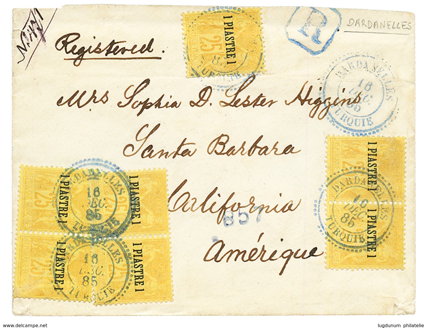 DARDANELLES : 1885 LEVANT 1p S/ 25c (x7) Obl. DARDANELLES TURQUIE Sur Env. RECOMMANDEE Pour SANTA BARBARA (CALIFORNIE).  - Otros & Sin Clasificación