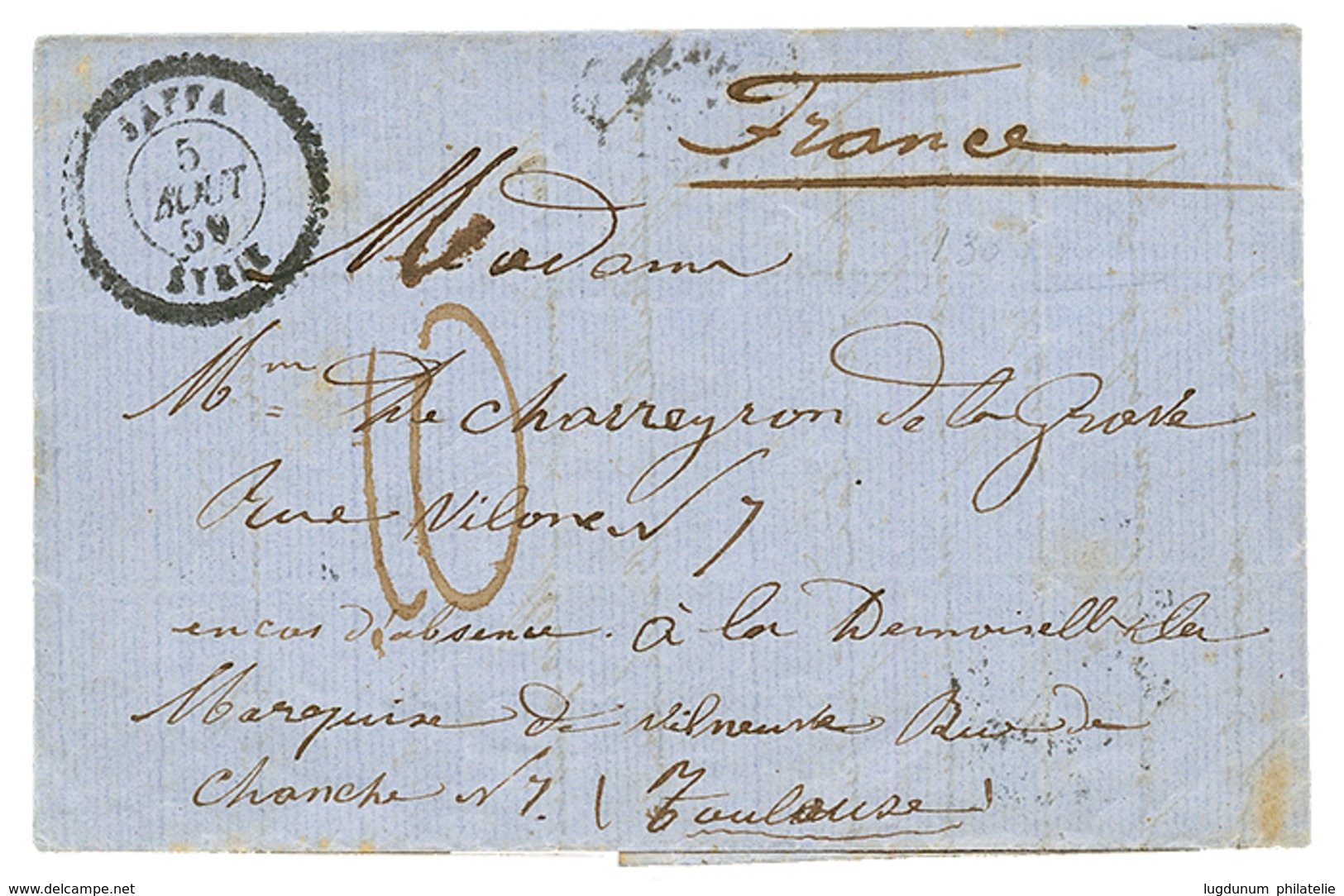 "JERUSALEM Via JAFFA" : 1859 Cachet JAFFA SYRIE + Taxe 10 Sur Lettre Avec Texte Daté "Franciscain LIEVIN CASANOVA, JERUS - Otros & Sin Clasificación