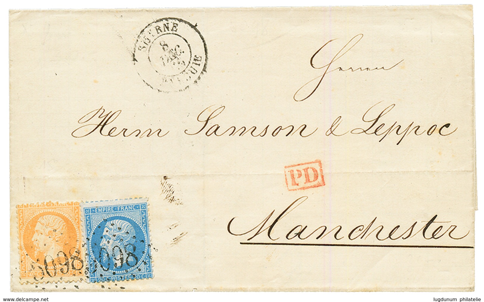 SMYRNE : 1866 20c(n°22) + 40c (n°23) Obl. GC 5098 + SMYRNE TURQUIE Sur Lettre Pour L' ANGLETERRE. TB. - Otros & Sin Clasificación