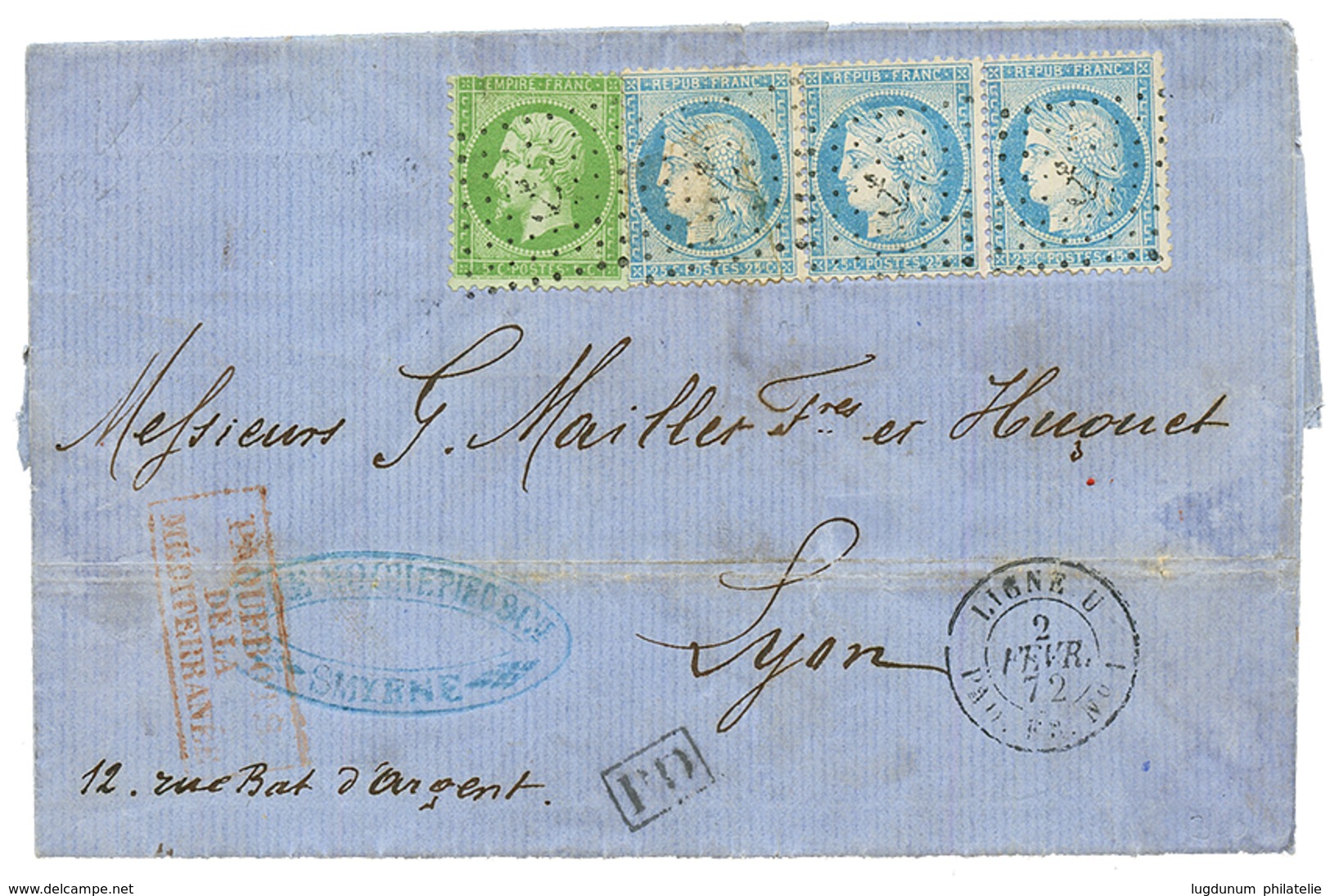 "SMYRNE - MARITIME" : 1872 5c + 25c (x3) Obl. ANCRE + LIGNE U PAQ FR N°1 Sur Lettre De SMYRNE Pour LYON. RARE. TTB. - Otros & Sin Clasificación