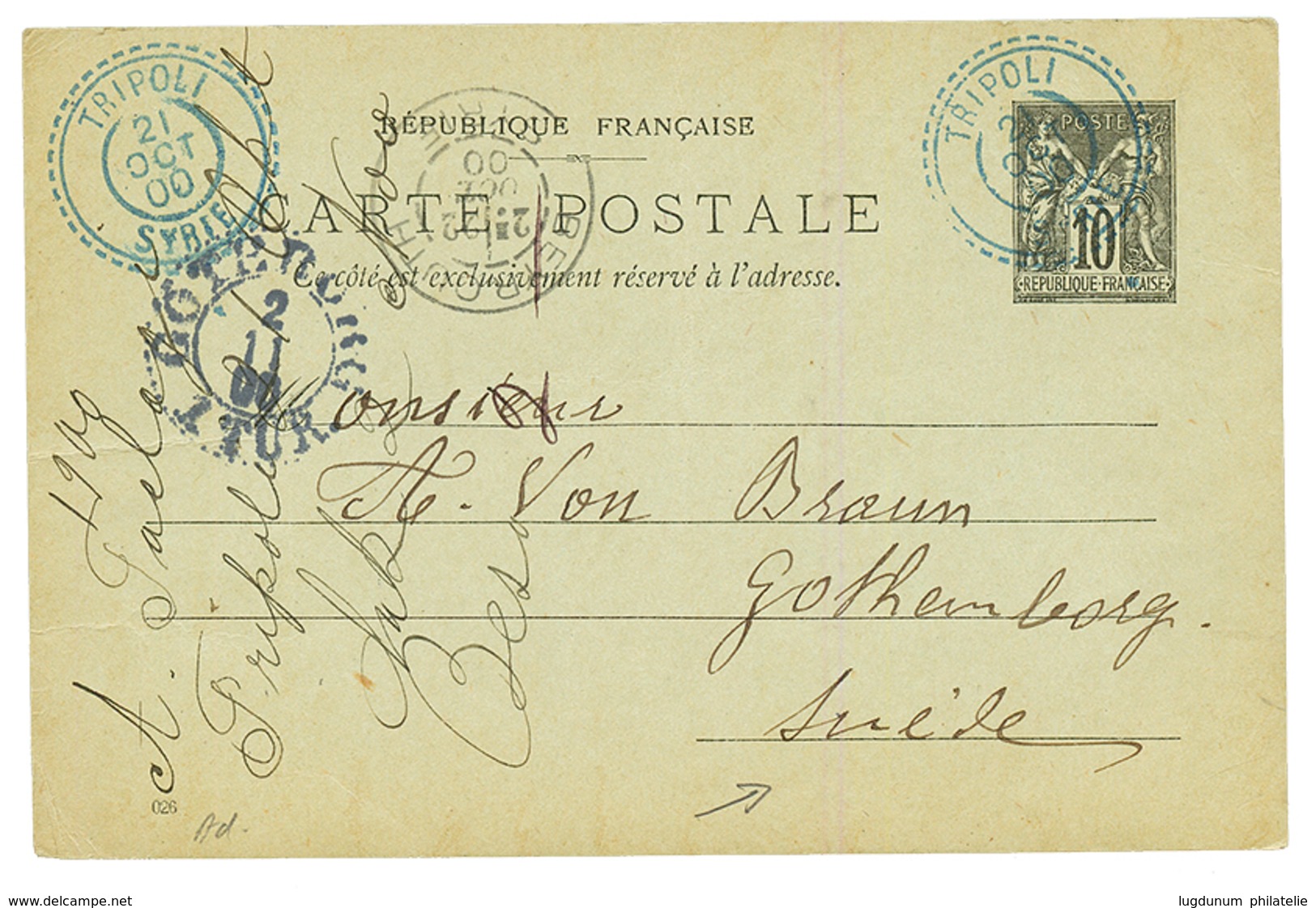 TRIPOLI SYRIE : 1900 Entier 10c SAGEC Obl. TRIPOLI SYRIE Via BEYROUTH Pour La SUEDE. Superbe. - Other & Unclassified