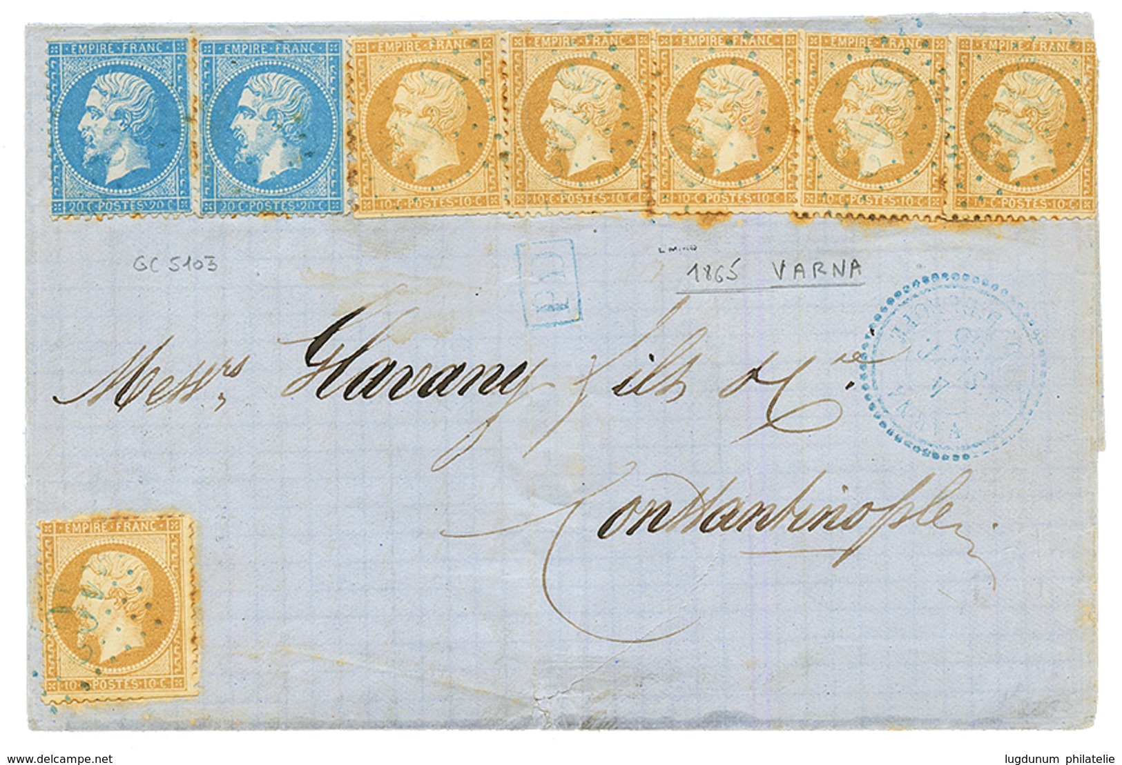 VARNA : 1865 10c (x6) + 20c (x2) Obl. GC 5103 En Bleu Sur Lettre De VARNA Pour CONSTANTINOPLE. Affrt Rare à 1F. B/TB. - Andere & Zonder Classificatie