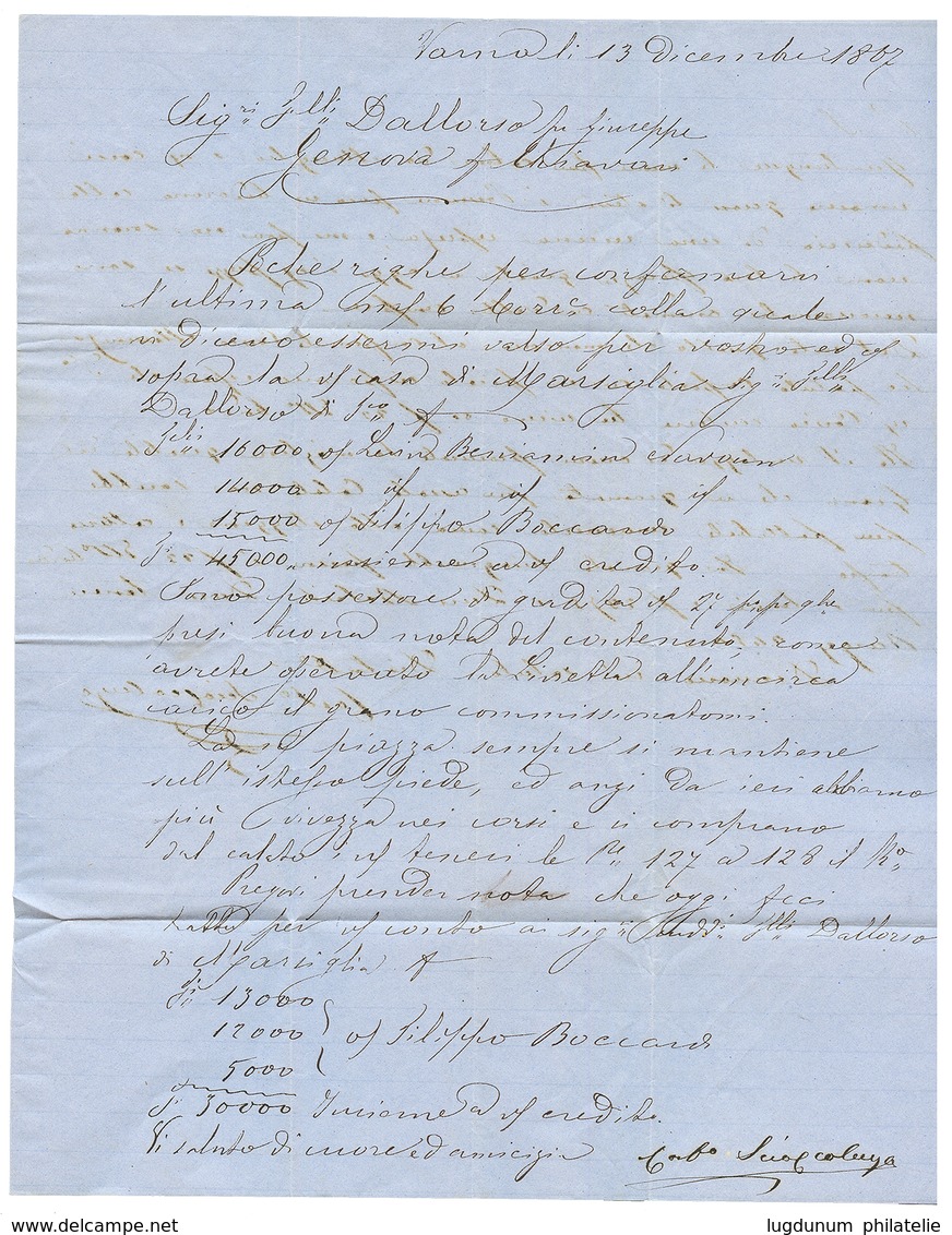 "VARNA Via CONSTANTINOPLE" : 1867 CONSTANTINOPLE TURQUIE + Taxe 9 (rare) Sur Lettre Avec Texte De VARNA Pour L' ITALIE.  - Other & Unclassified