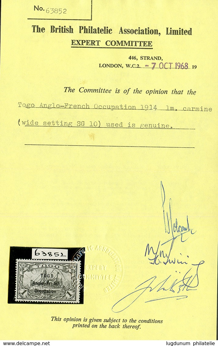 TOGO - ANGLO FRENCH OCCUPATION : 1 MARK ( N°41) Surcharge Espaçée De 3mm Oblitéré. RARE. Cote 5300€. Certificat SCHELLER - Other & Unclassified