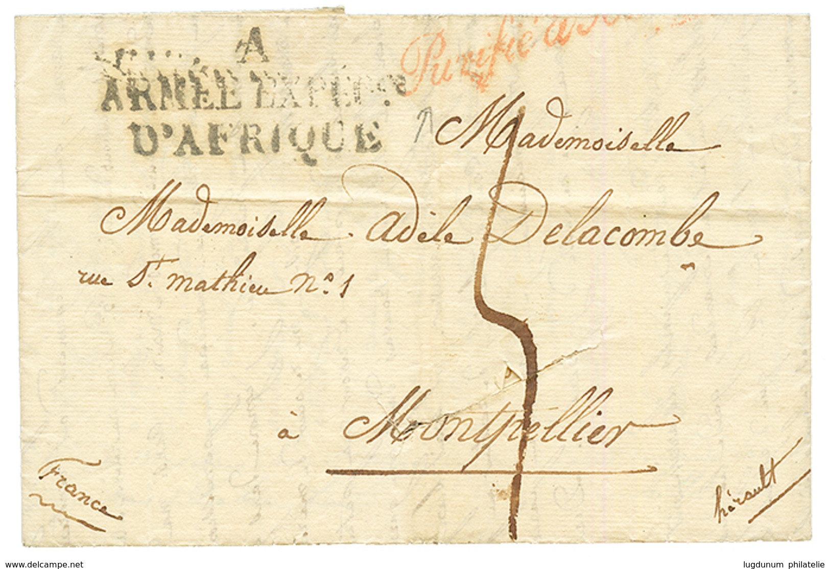 1834 A/ ARMEE EXPED./ D' AFRIQUE + PURIFIE (rouge) Sur Lettre Avec Texte Daté "MUSTAPHA PACHA". TB. - Otros & Sin Clasificación