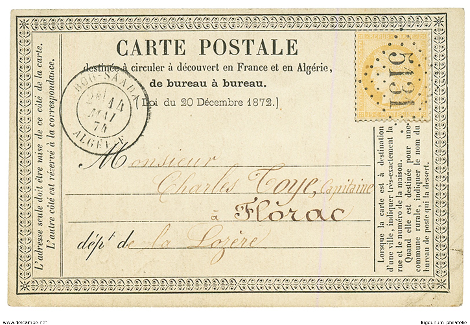 ALGERIE - BOU-SAADA : 1874 15c CERES Obl. GC 5131 + BOU-SAADA ALGERIE Sur CARTE PRECURSEUR Décorée à La Main (Aquarelle) - Other & Unclassified