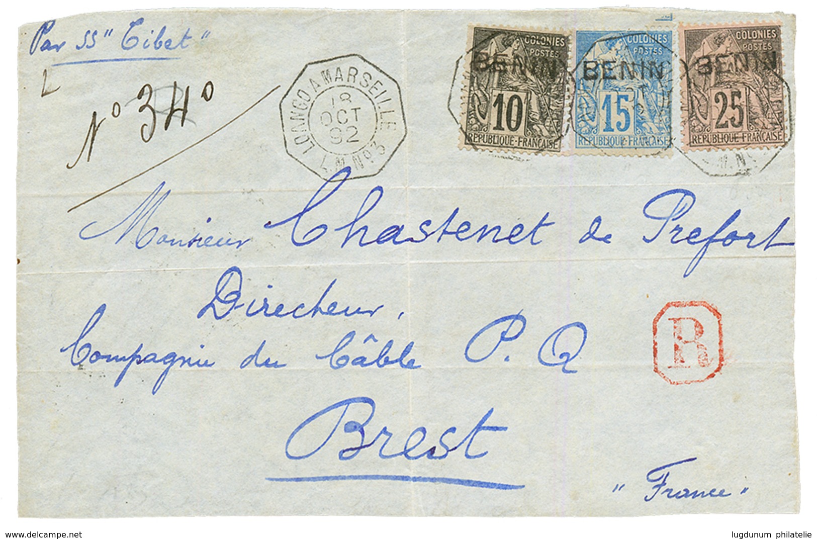 1892 10c(n°5) + 15c (n°6) + 25c (n°8) Obl. LOANGO A MARSEILLE L.N N°3 Sur DEVANT De Lettre (front Only). TB. - Otros & Sin Clasificación