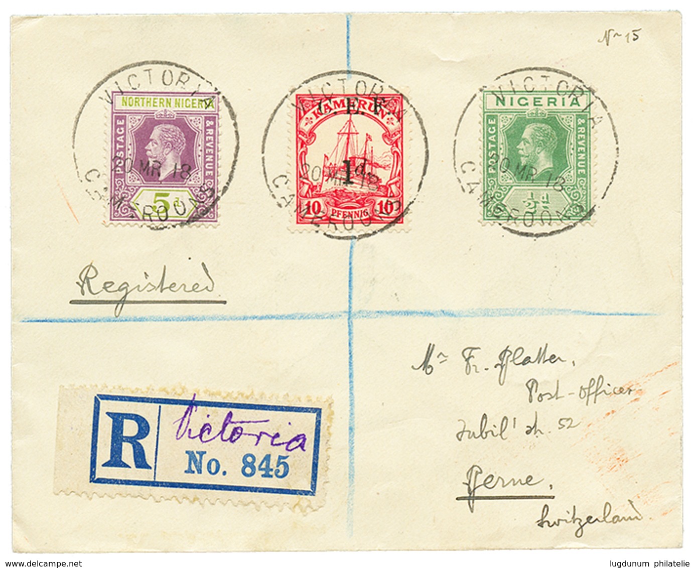 1918 MIXTE CAMEROUN ALL. Surch. C.E.F 1d S/ 10pf + NORTHERN NIGERIA 5d + NIGERIA 1/2d Obl. VICTORIA CAMEROONS Sur Envelo - Sonstige & Ohne Zuordnung