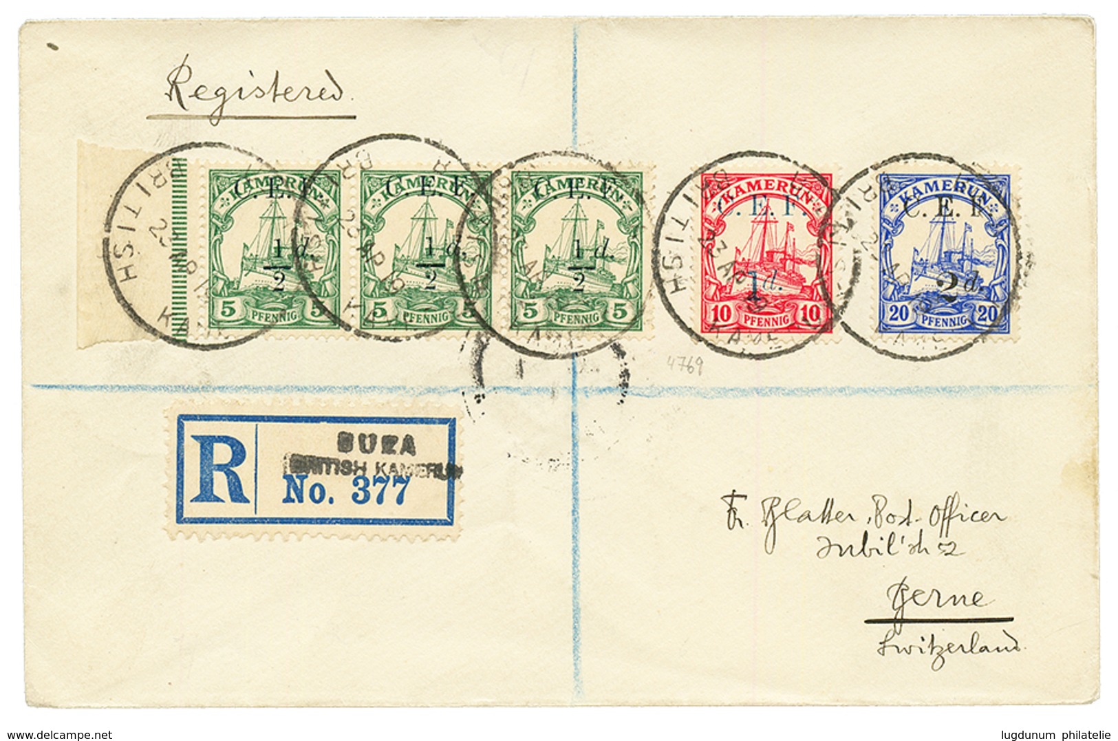 1921 CAMEROUN ALL. Surch. C.E.F 1/2d (x3)+ 1d + 2d Obl. BUEA BRITISH KAMERUN Sur Enveloppe Pour La SUISSE. RARE. TTB. - Other & Unclassified