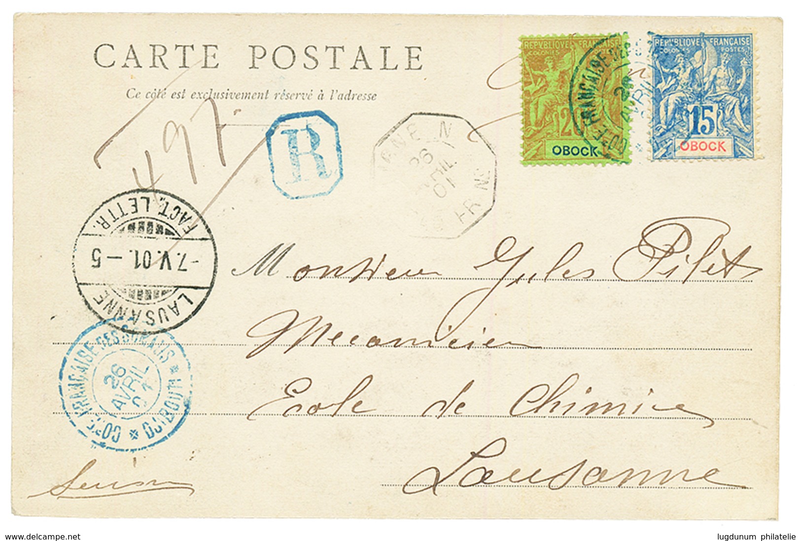 1901 OBOCK 15c + 20c Groupe Obl. COTE FRANCAISE DES SOMALIS DJIBOUTI Sur CARTE Recommandée Pour La SUISSE. RARE. Superbe - Other & Unclassified