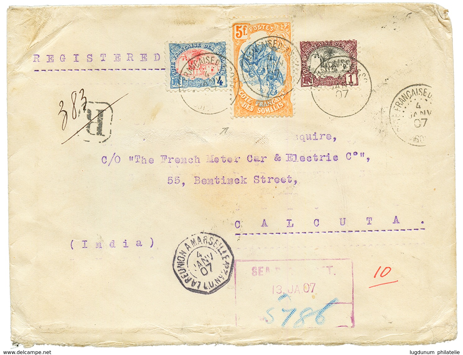 1907 Variété CENTRE RENVERSE 5F + 1c + 4c Obl. DJIBOUTI Sur Env. RECOMMANDEE Pour CALCUTA (INDIA). TTB. - Autres & Non Classés