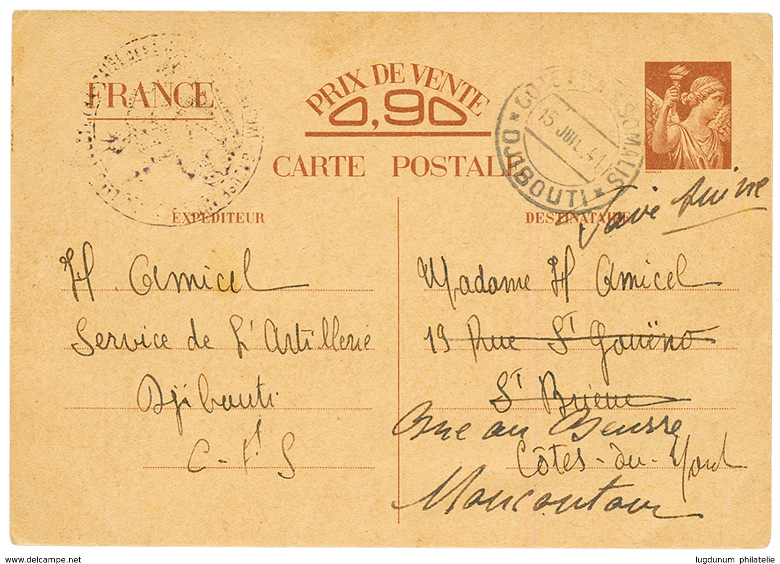 1941 FRANCE Carte INTERZONES 0,90 IRIS Obl. COTE DES SOMALIS DJIBOUTI Pour La FRANCE. TB. - Autres & Non Classés