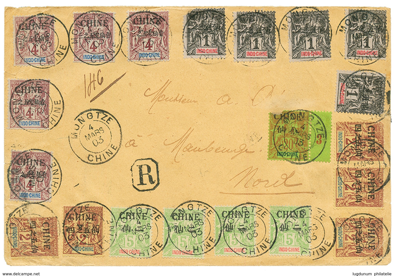 1903 CHINE 1c(x5) Pd + 2c(x5) + 4c(x5) + 5c (x4) + 20c(pd) Obl. MONGTZE CHINE Sur Env. RECOM. Pour La FRANCE. Affrt Spec - Other & Unclassified