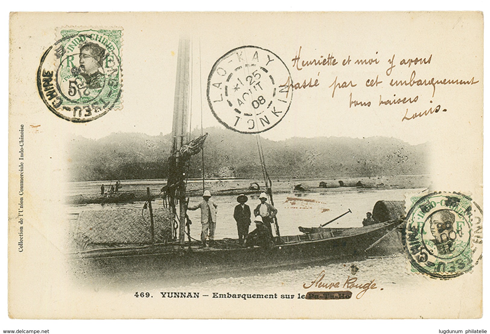 1908 INDOCHINE 5c (x2) Obl. MONG-TSEU CHINE + LAOKAY TONKIN Sur Carte Pour PARIS. Superbe. - Autres & Non Classés