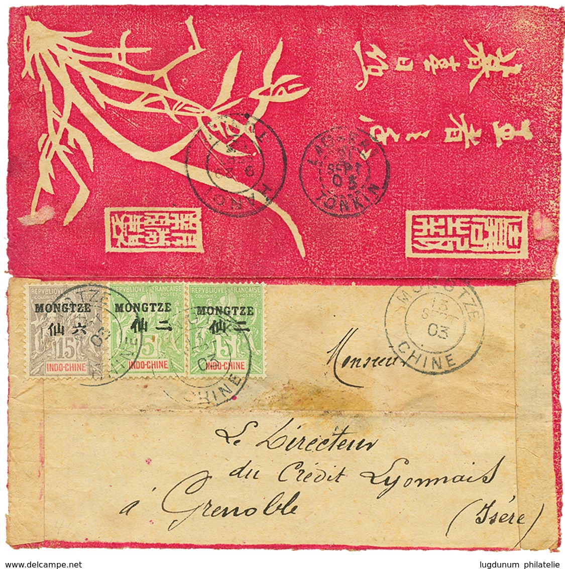 1903 MONGTZE 5c (x2) + 15c Obl. MONGTZE CHINE Sur Env. De MANDARIN Pour La FRANCE. Verso, LAOKAY TONKIN + HANOI. Rare Su - Otros & Sin Clasificación