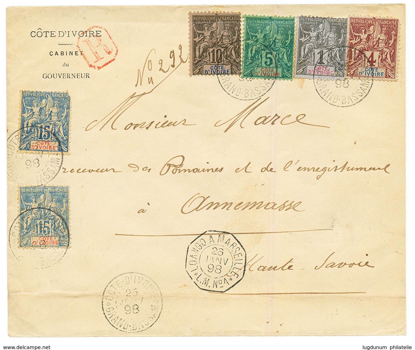 1898 1c+ 4c+ 5c+ 10c+ 15c(x2) Pd Obl. COTE D'IVOIRE GRAND BASSAN Sur Env. RECOM. Pour La FRANCE. TB. - Other & Unclassified